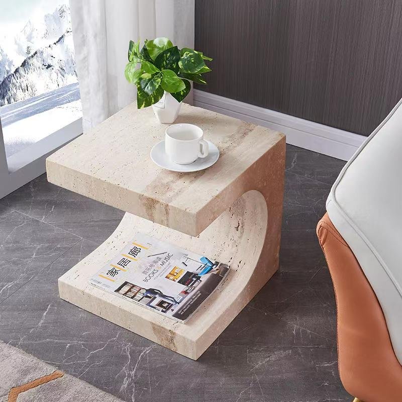 DJC835 Beige Travertine Side Table - Image 4