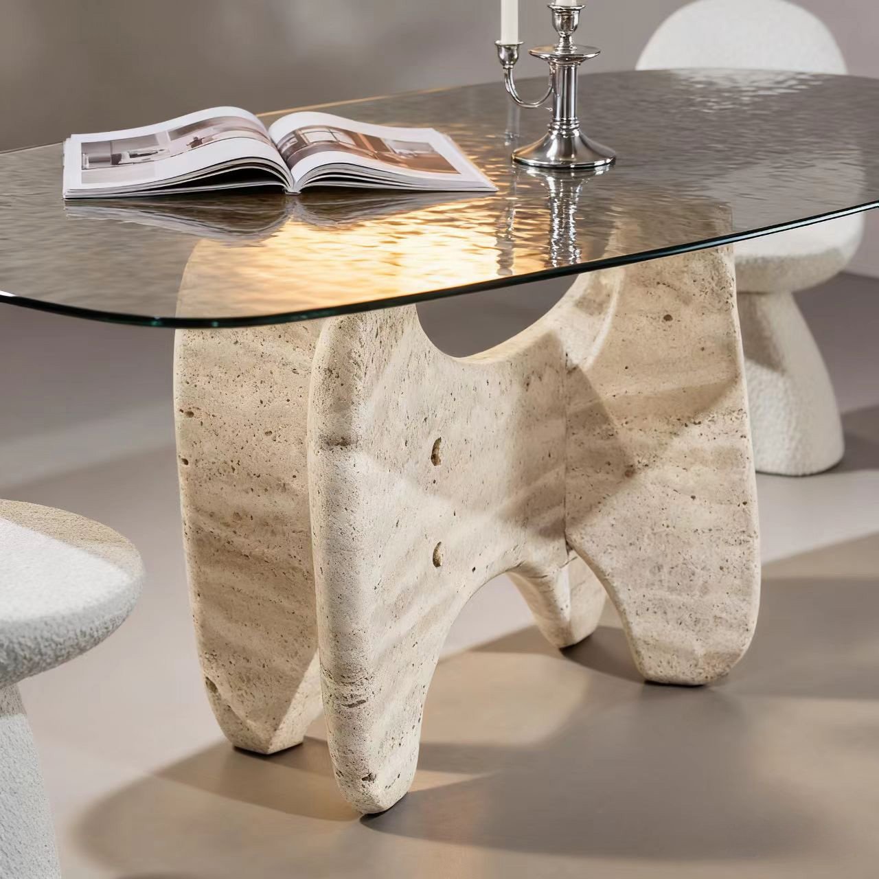DS933 Travertine & Glass Dining Table - Image 4